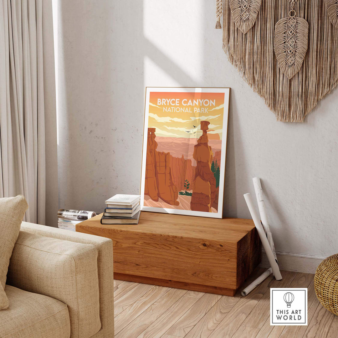 Bryce Canyon National Park poster displayed in a cozy home setting, enhancing wall art with nature-inspired design.