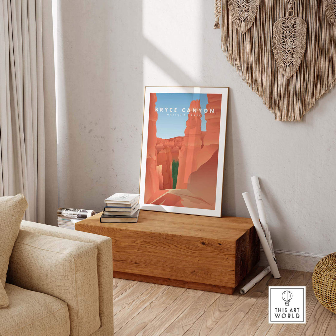 Bryce Canyon National Park art print displayed in a stylish room, showcasing vintage travel poster aesthetics.