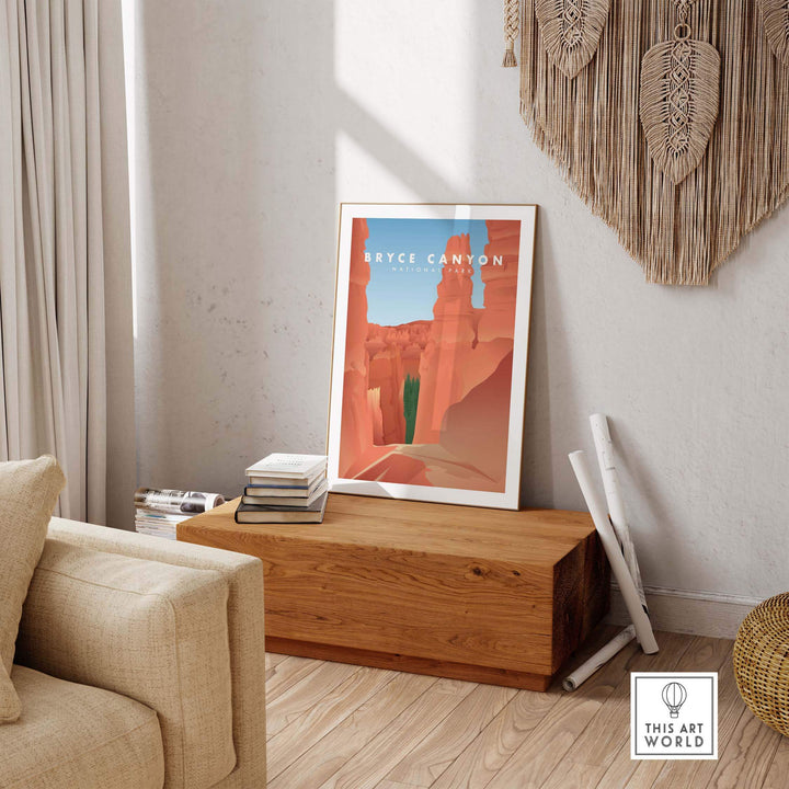 Bryce Canyon National Park art print displayed in a stylish room, showcasing vintage travel poster aesthetics.