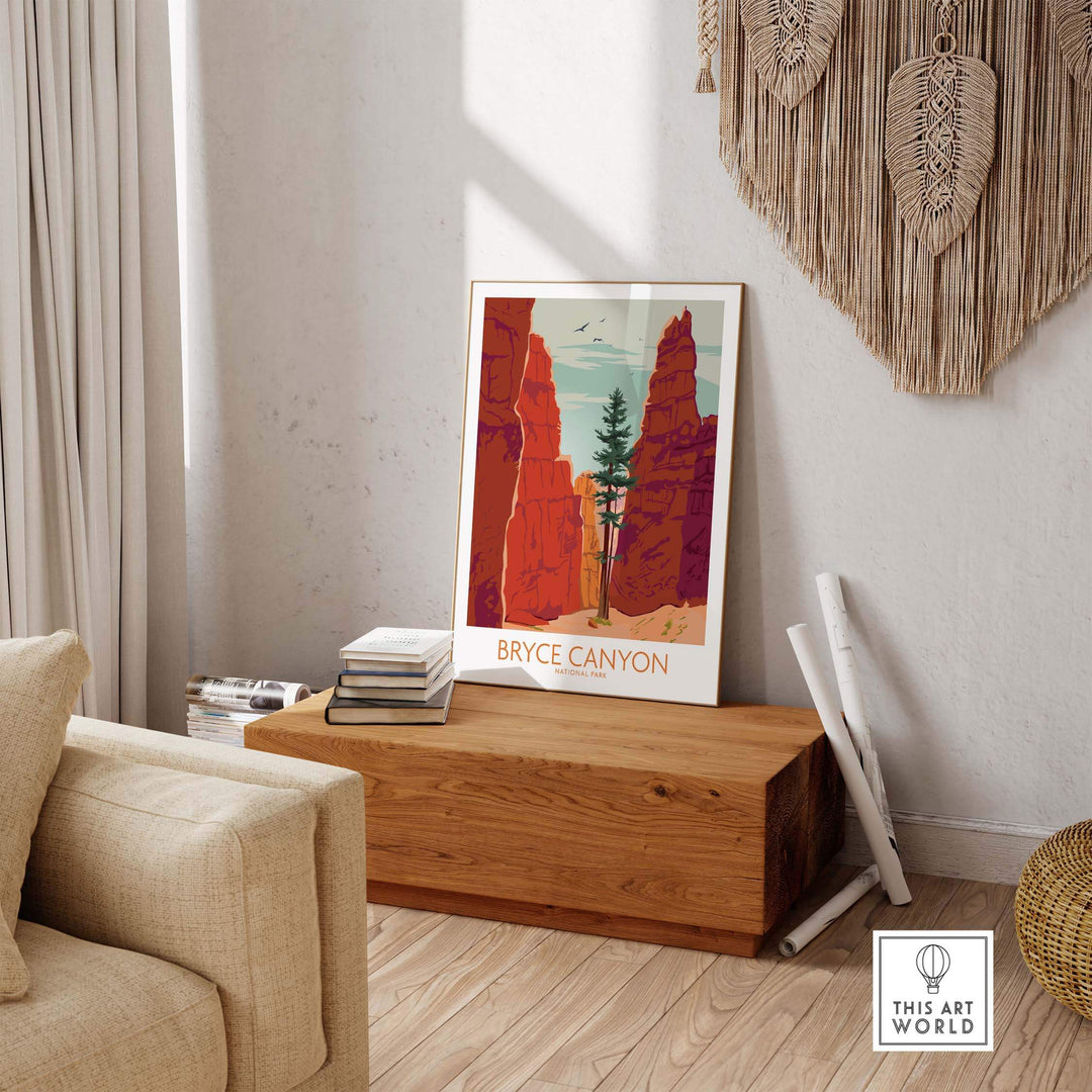 Bryce Canyon Poster Print displaying vintage-inspired artwork, perfect for adding stylish Utah National Park decor.