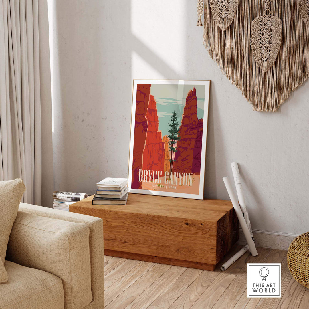 Bryce Canyon National Park Print displayed in a stylish living room with natural decor and rustic wood furniture.