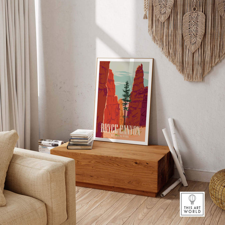 Bryce Canyon National Park Print displayed in a stylish living room with natural decor and rustic wood furniture.