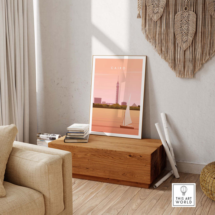 Stylish Cairo Print Wall Art Poster depicting a scenic view with a sailboat and iconic skyline, perfect for home decor.