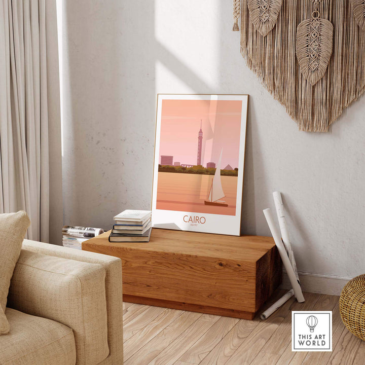 Cairo Travel Poster Print showcasing the Nile River, stylishly framed in a cozy home setting.