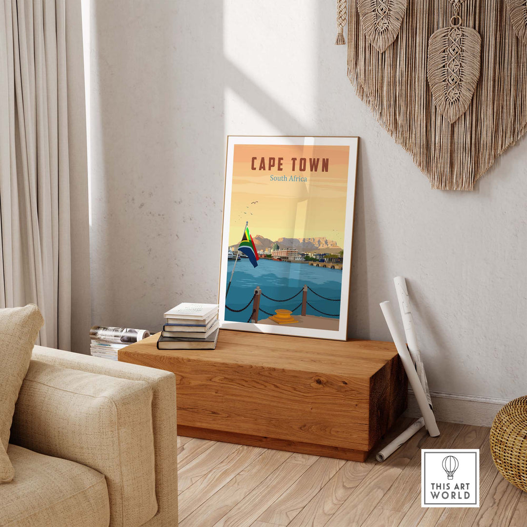 Cape Town travel poster print displayed in a minimalist home setting, capturing wanderlust and nostalgia.
