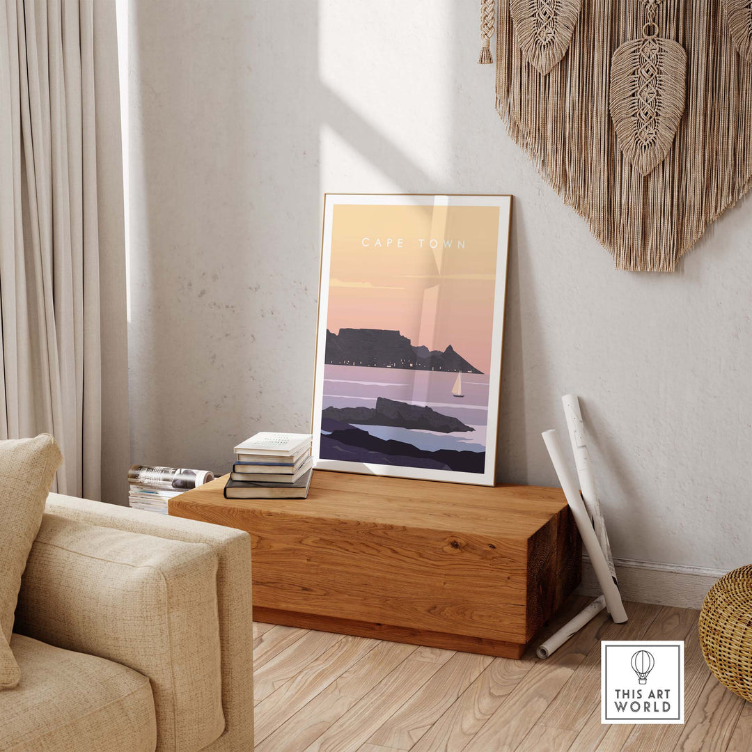 Cape Town Print Wall Art Poster displayed in a stylish interior, inspiring wanderlust and nostalgia.