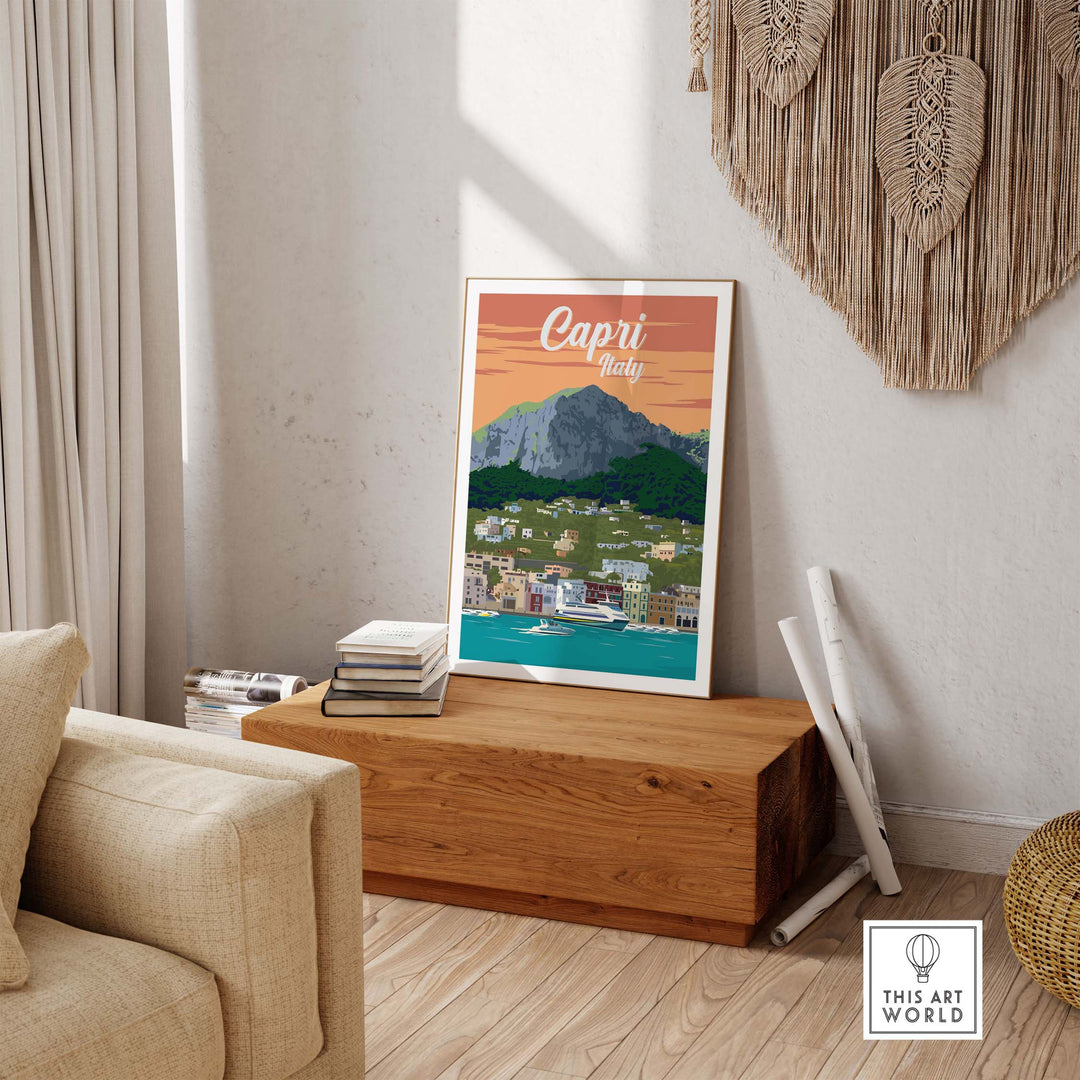 Capri Italy poster print wall art showcasing a scenic landscape of Capri Island in a stylish living room setting.
