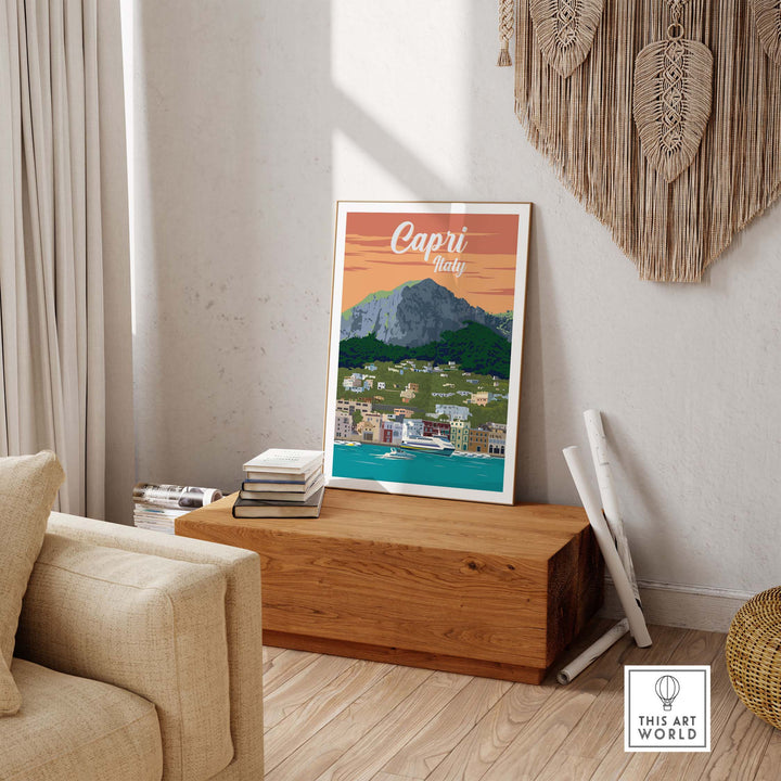 Capri Italy poster print wall art showcasing a scenic landscape of Capri Island in a stylish living room setting.