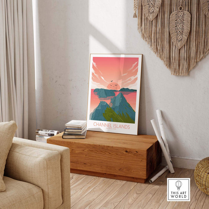 Channel Islands National Park minimalist poster displayed in a stylish living room setting, showcasing nature and wanderlust.