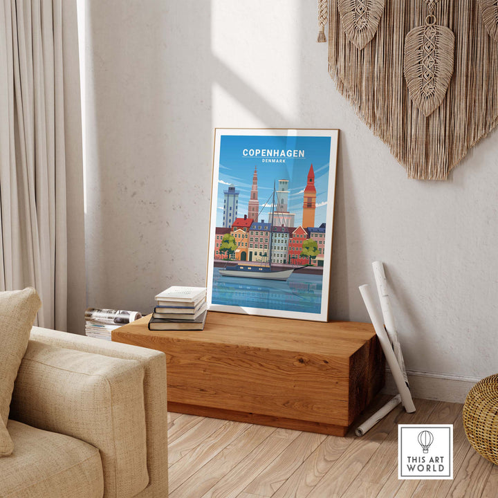Copenhagen Print displayed in a minimalist living room, showcasing vintage-inspired travel art on a wooden table.