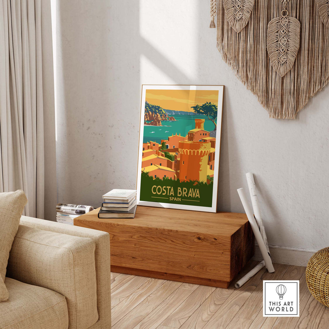 Costa Brava Print Spain in a minimalist frame displayed in a stylish living room, evoking nostalgia and wanderlust.