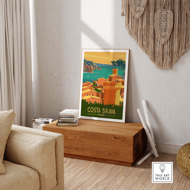 Costa Brava Print Spain in a minimalist frame displayed in a stylish living room, evoking nostalgia and wanderlust.