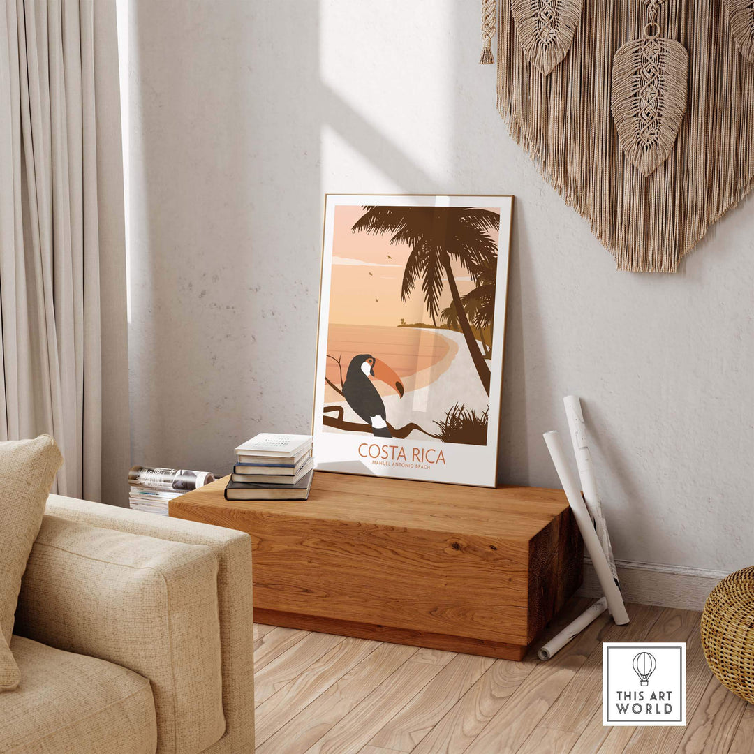 Costa Rica print poster showcasing a tropical beach scene with a toucan in a minimalist living room setting.