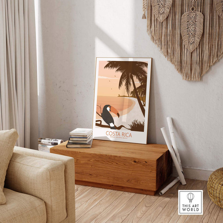 Costa Rica print poster showcasing a tropical beach scene with a toucan in a minimalist living room setting.