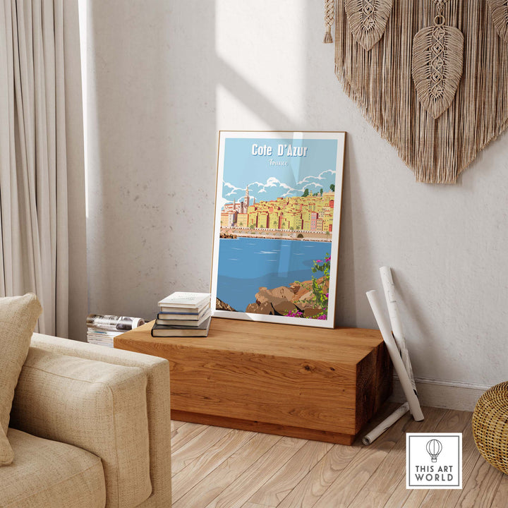 Cote d'Azur Poster Print Wall Art displayed in a stylish home interior, promoting travel nostalgia and wanderlust.
