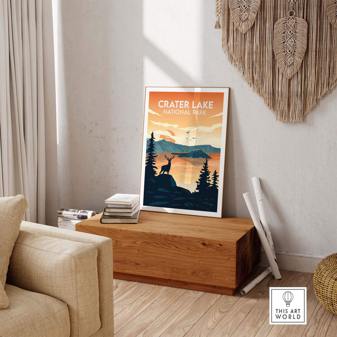 Framed Crater Lake National Park poster in a stylish living room setting with wooden decor.