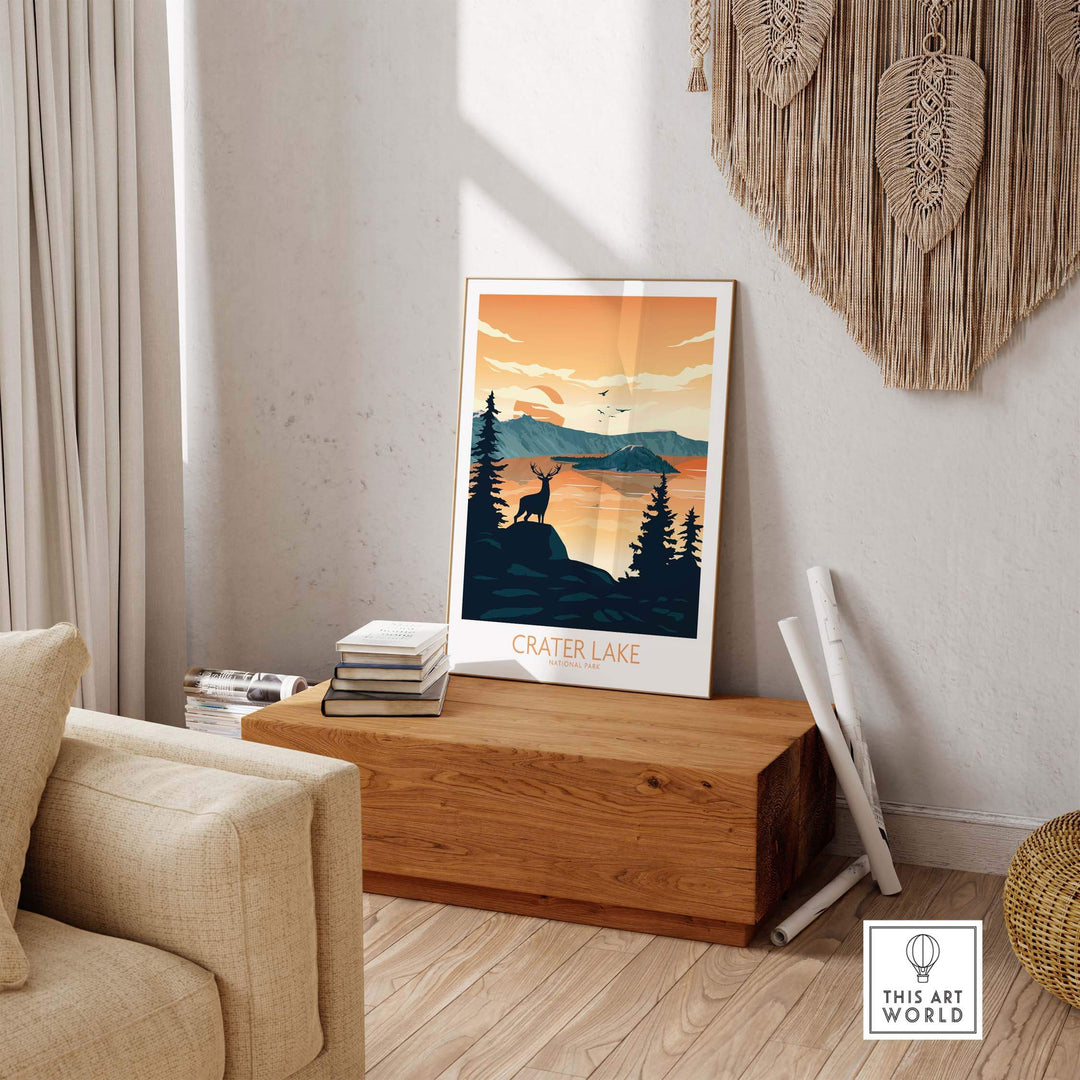 Crater Lake National Park poster featuring minimalist design, displayed in a stylish home setting.