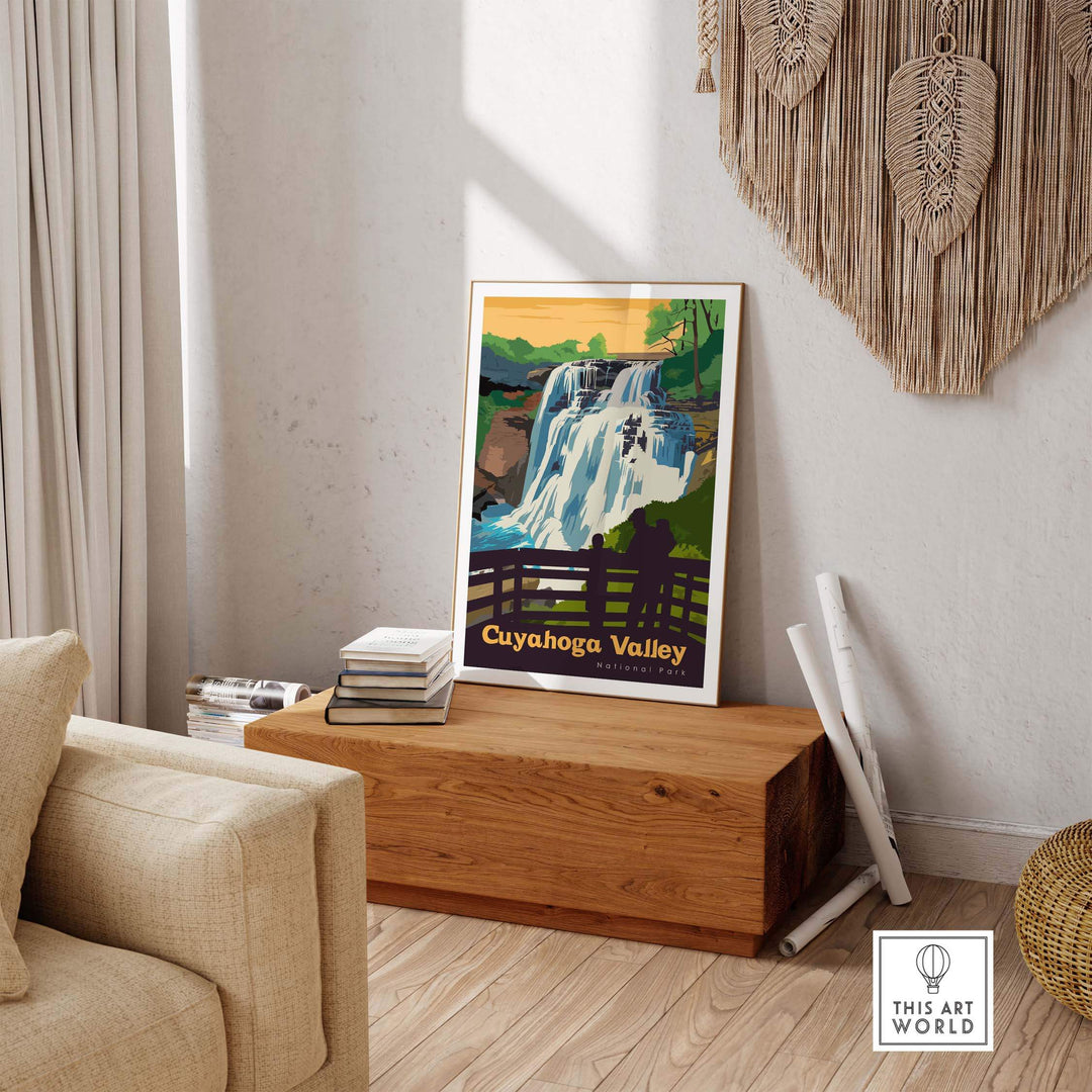 Cuyahoga Valley National Park Poster showcasing a waterfall in a vintage style, ideal for home decor and nature enthusiasts.