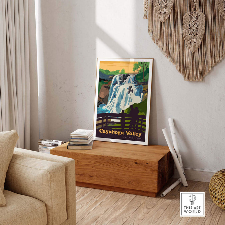 Cuyahoga Valley National Park Poster showcasing a waterfall in a vintage style, ideal for home decor and nature enthusiasts.