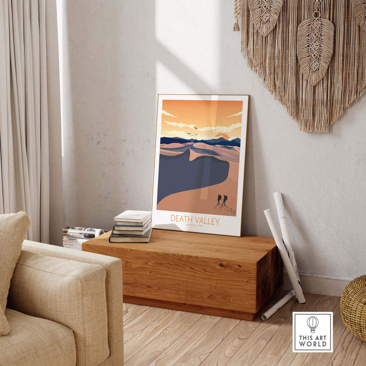 Death Valley National Park poster art print displayed in a stylish living room setting with minimalist decor.