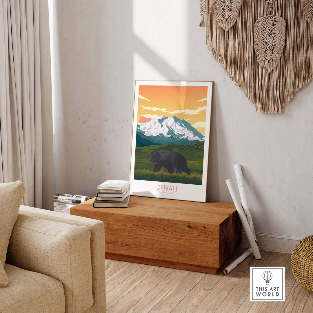 Denali National Park poster art print in a cozy living room setting with mountains and bear illustration.