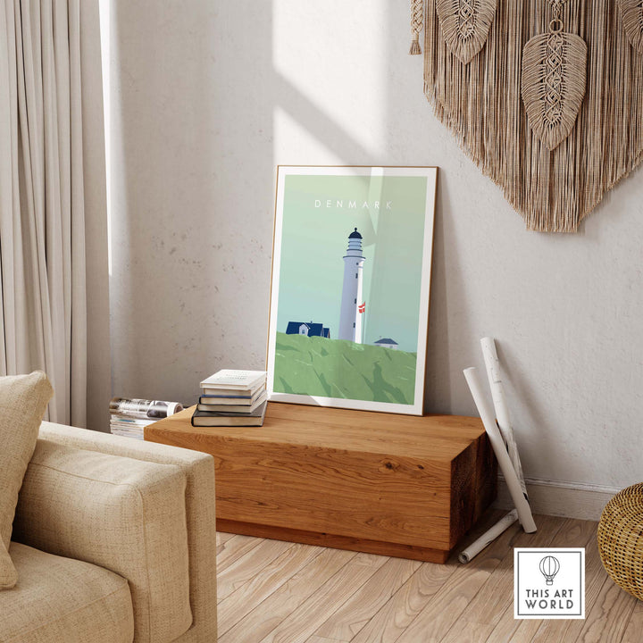 Denmark print wall art poster featuring a lighthouse in a stylish living room setting.
