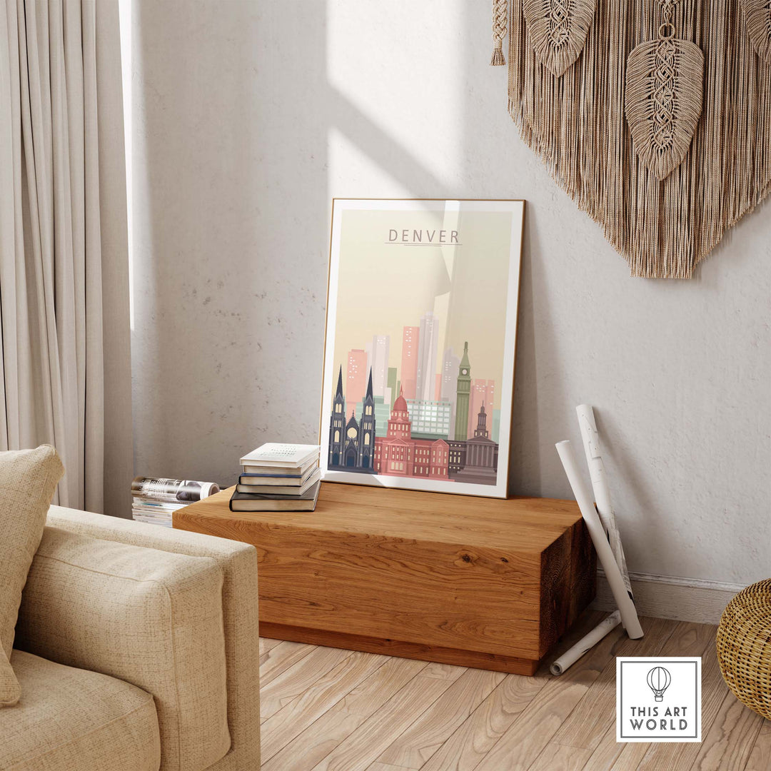 Denver Skyline Print displayed in a stylish living room with warm pastel tones and modern decor.