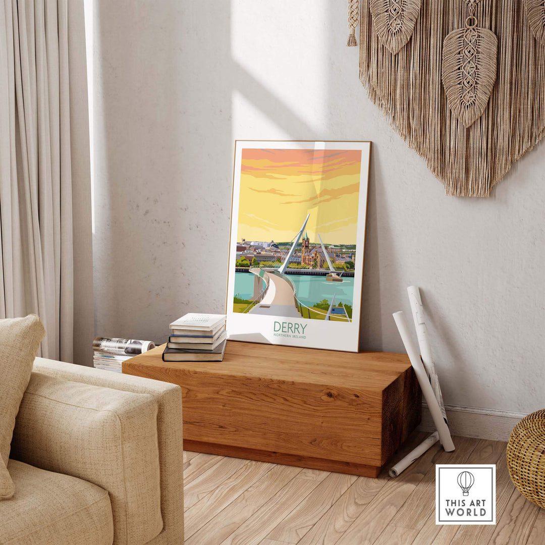 Derry Print Northern Ireland Poster displayed in a stylish home setting with Peace Bridge art.