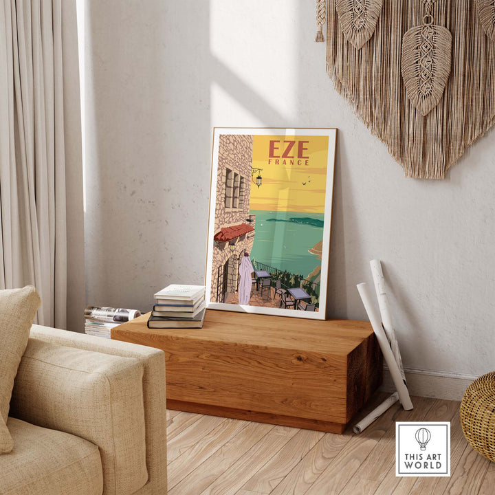 Eze France Poster Print Wall Art displayed in a cozy home setting, evoking wanderlust and vintage travel vibes.
