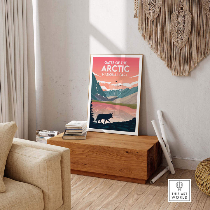 Gates of the Arctic Poster featuring a bear and stunning mountain landscape, perfect for wanderlust wall art.