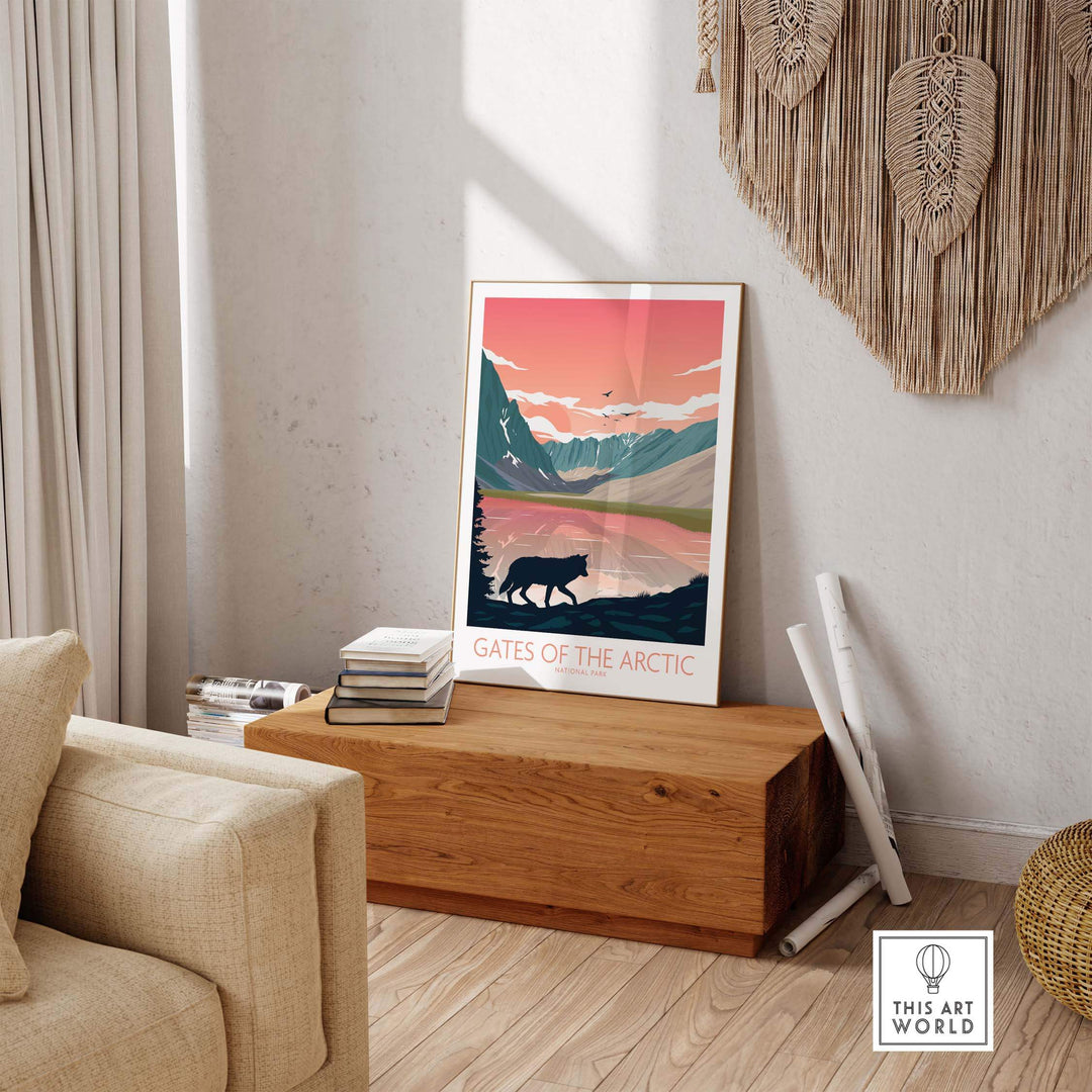 Gates of the Arctic National Park poster art print displayed in a stylish living room setting.