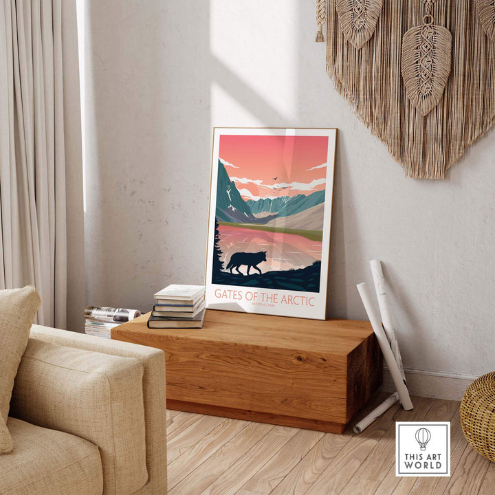 Gates of the Arctic National Park poster art print displayed in a stylish living room setting.