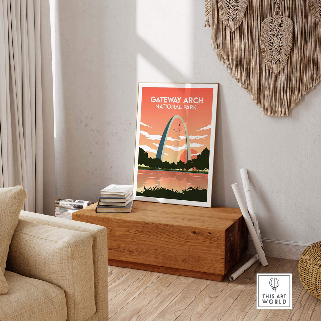 Gateway Arch print displayed in a stylish interior, showcasing vintage travel poster art for National Park enthusiasm.