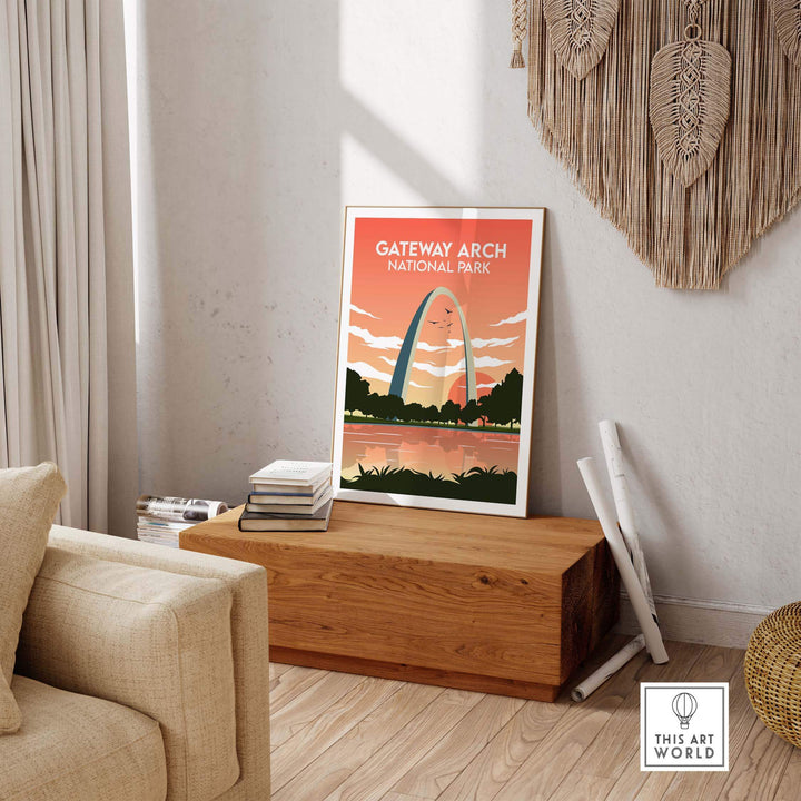 Gateway Arch print displayed in a stylish interior, showcasing vintage travel poster art for National Park enthusiasm.