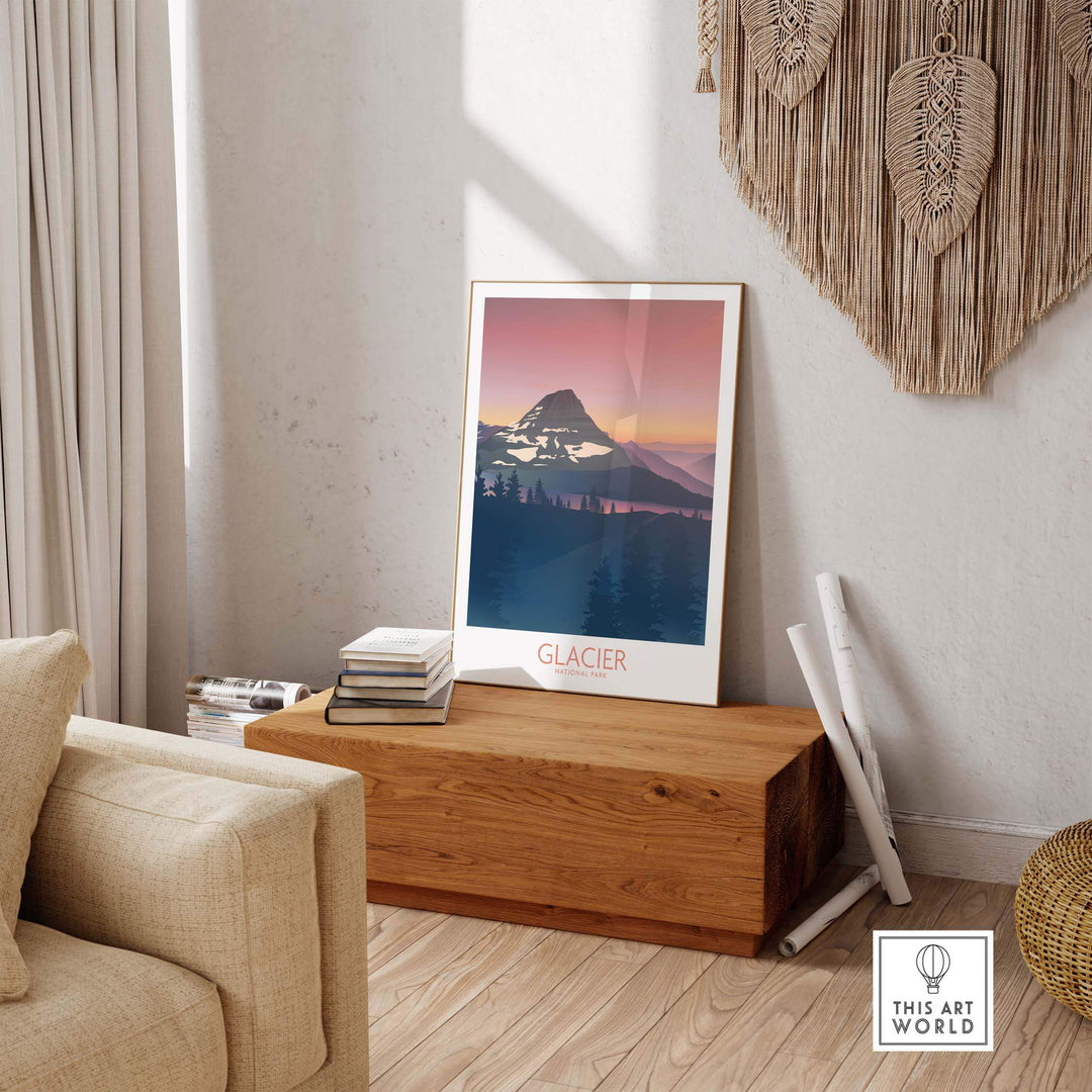 Glacier National Park art print displayed in a cozy interior, featuring minimalist design and stunning mountain scenery.