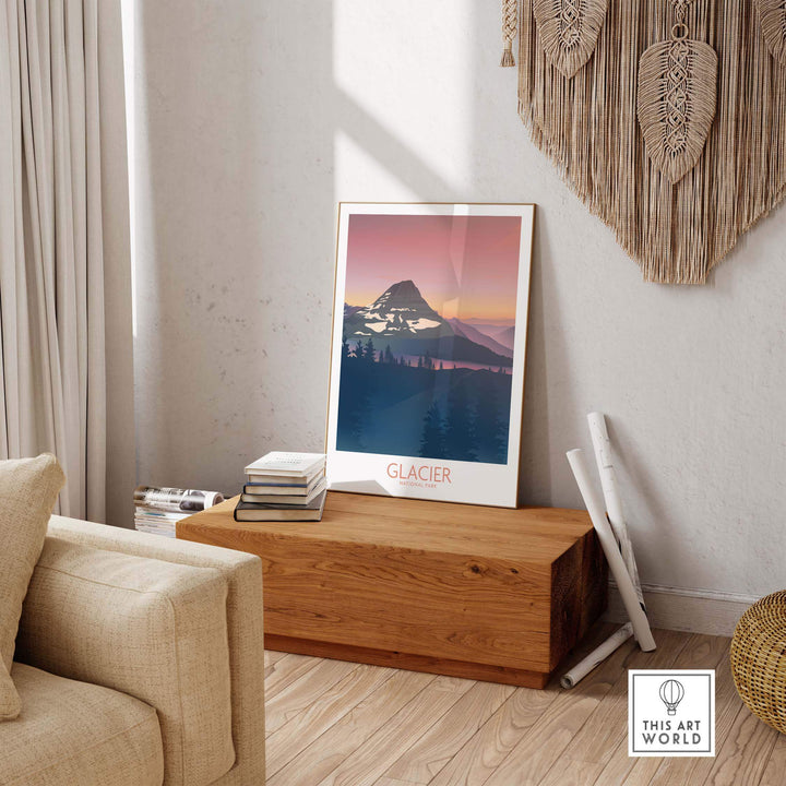 Glacier National Park art print displayed in a cozy interior, featuring minimalist design and stunning mountain scenery.