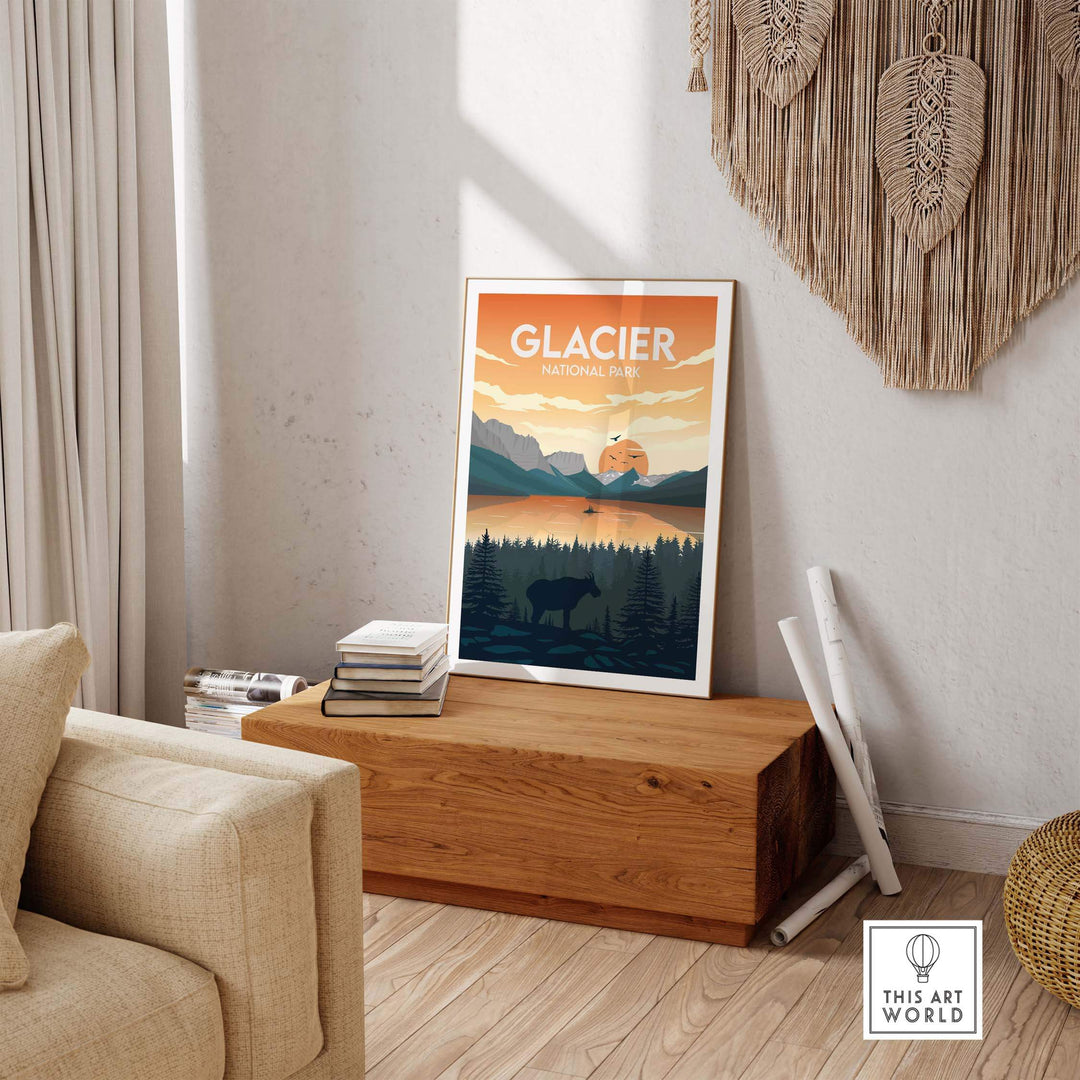 Glacier National Park poster displayed in a cozy room with wooden decor and stylish furnishings.