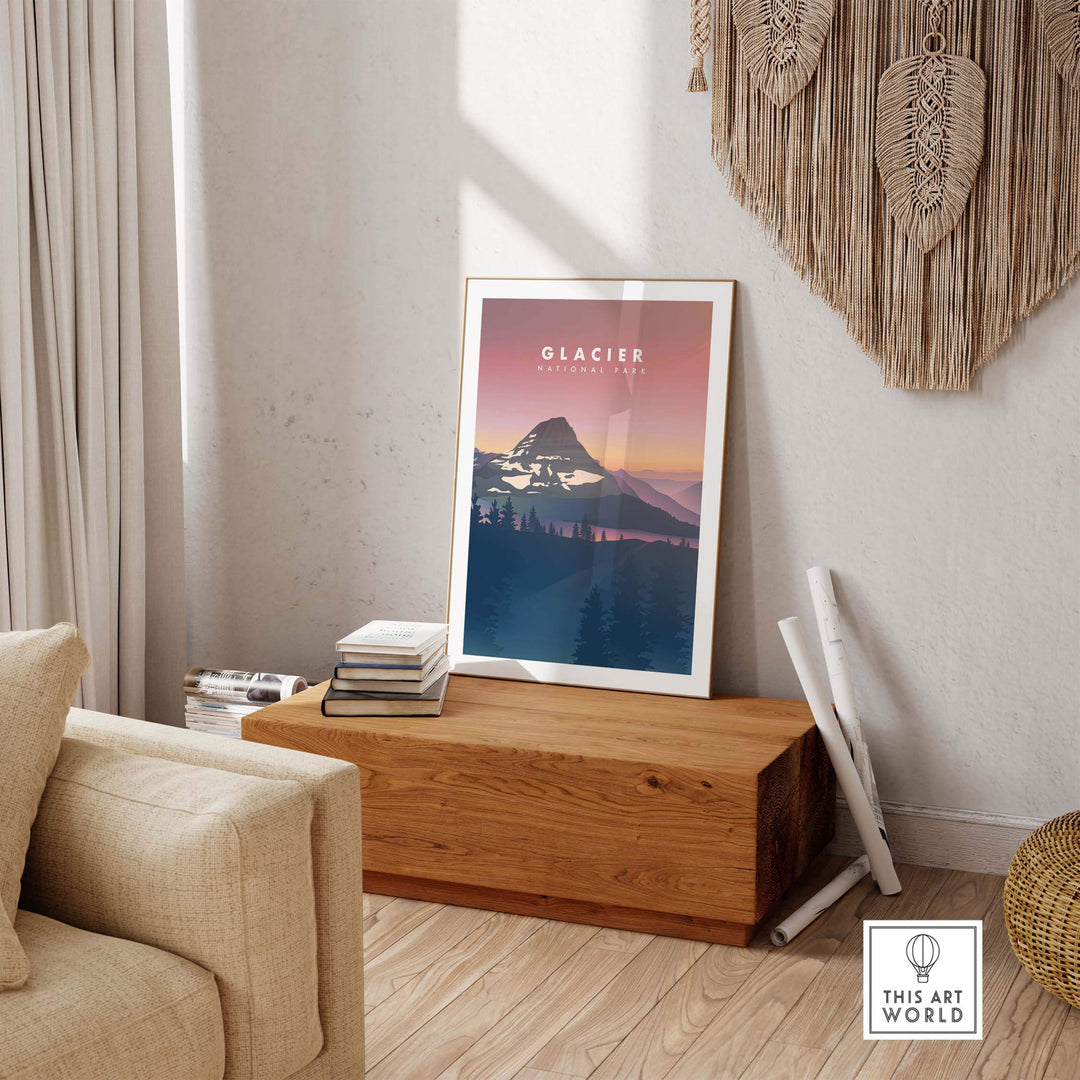 Glacier National Park art print displayed in a cozy living room, showcasing vintage travel poster design and stylish decor.
