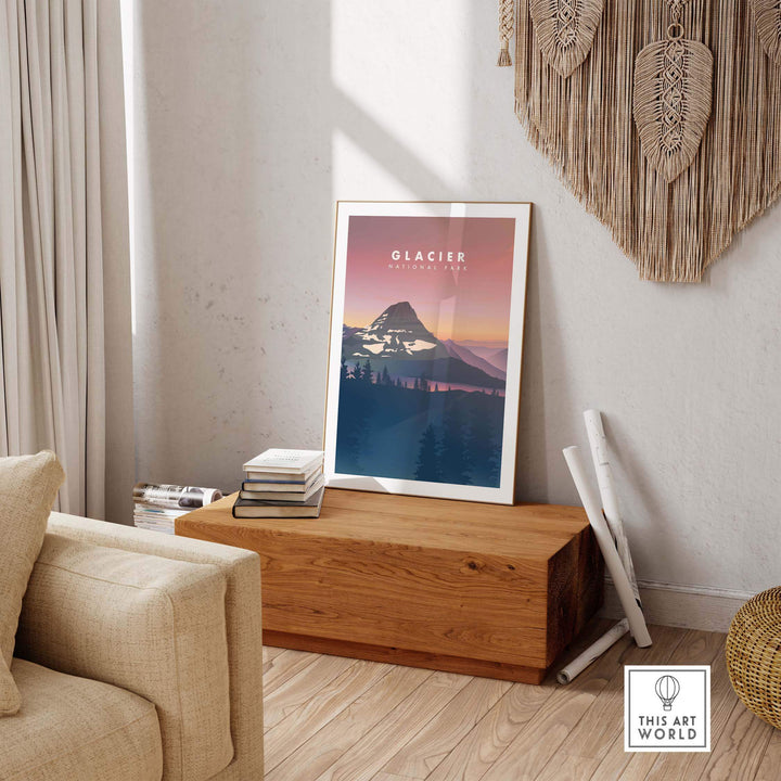 Glacier National Park art print displayed in a cozy living room, showcasing vintage travel poster design and stylish decor.