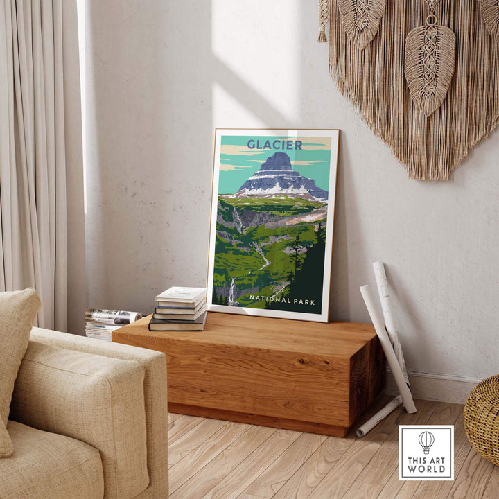 Glacier National Park print displayed in a cozy living room, capturing vintage outdoor adventure vibes.