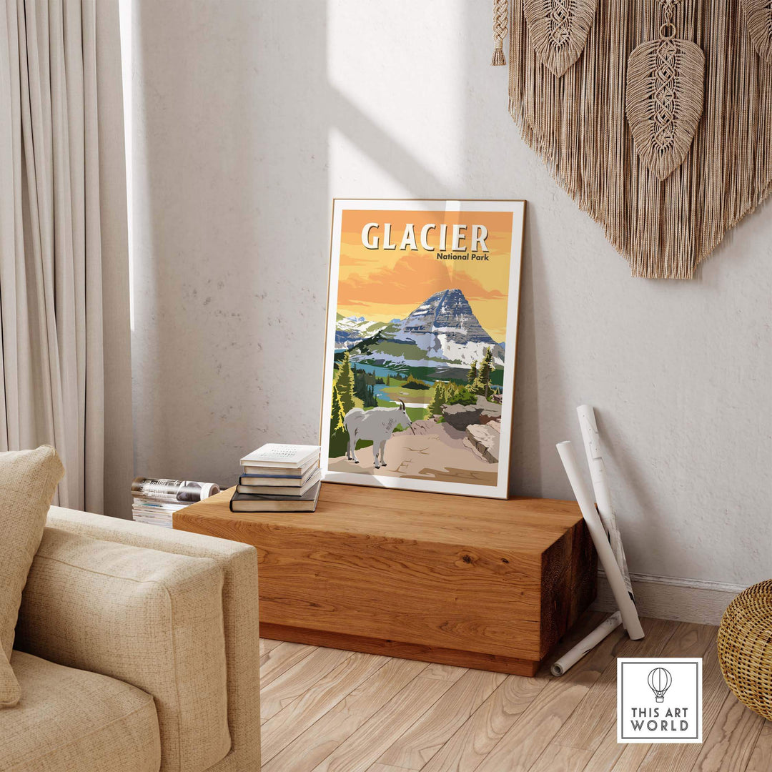 Glacier National Park poster print art displayed in a stylish living space, featuring vintage-inspired design.
