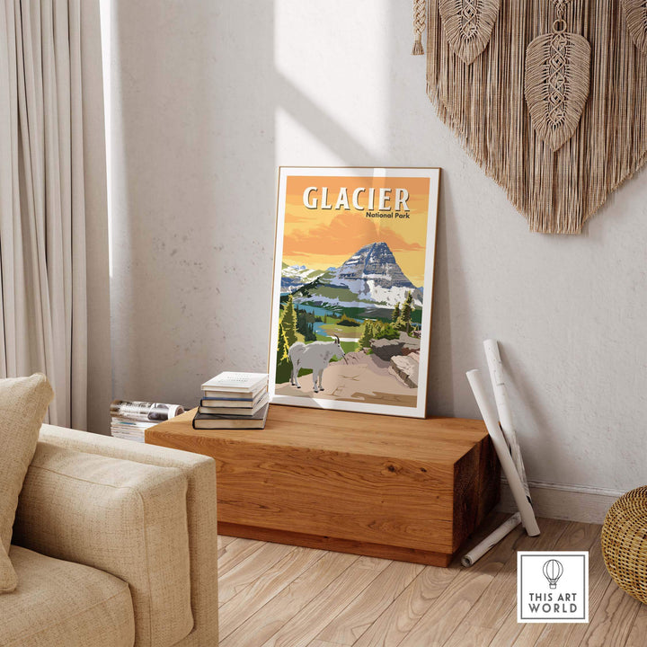 Glacier National Park poster print art displayed in a stylish living space, featuring vintage-inspired design.