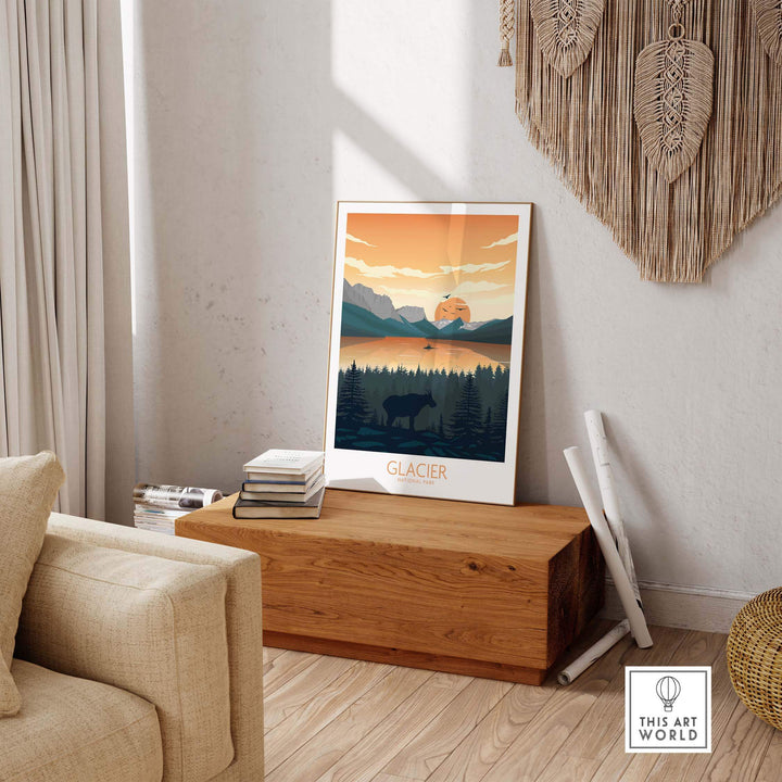 Glacier National Park poster art print displayed in a cozy living room, showcasing nature's beauty and minimalist design.