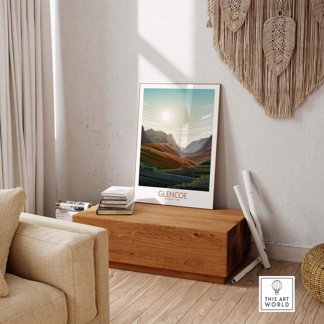 Glencoe National Park poster art print displayed in a stylish home interior with wooden decor.