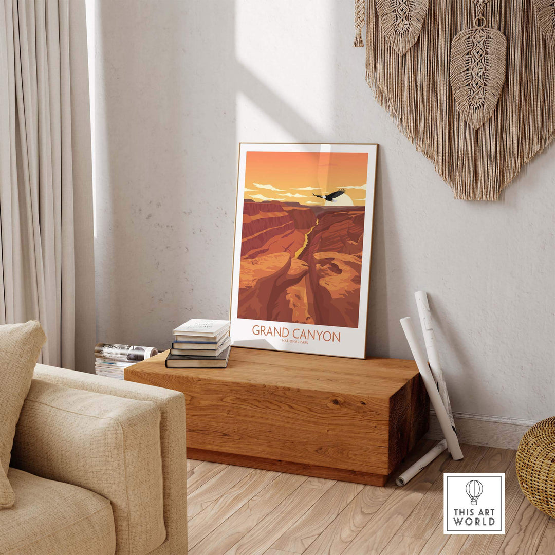 Grand Canyon National Park poster displayed in a stylish living room, showcasing modern minimalist art and nature-inspired design.