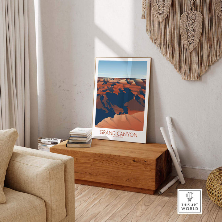 Grand Canyon National Park art print displayed in a stylish living room setting, showcasing minimalist design and vibrant colors.