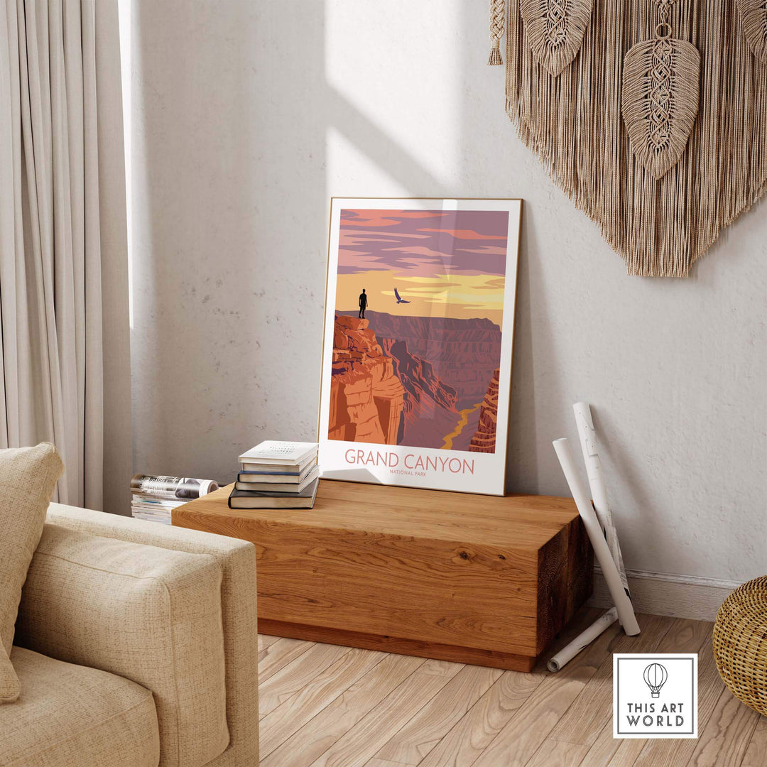 Grand Canyon poster print displayed in a stylish living room, showcasing outdoor wanderlust and vintage art inspiration.