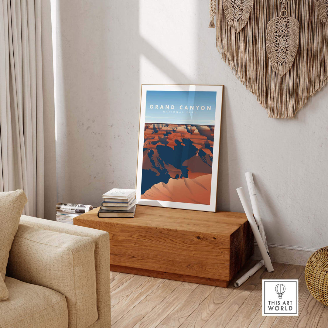 Grand Canyon National Park art print displayed in a stylish living room, showcasing vintage travel poster design.