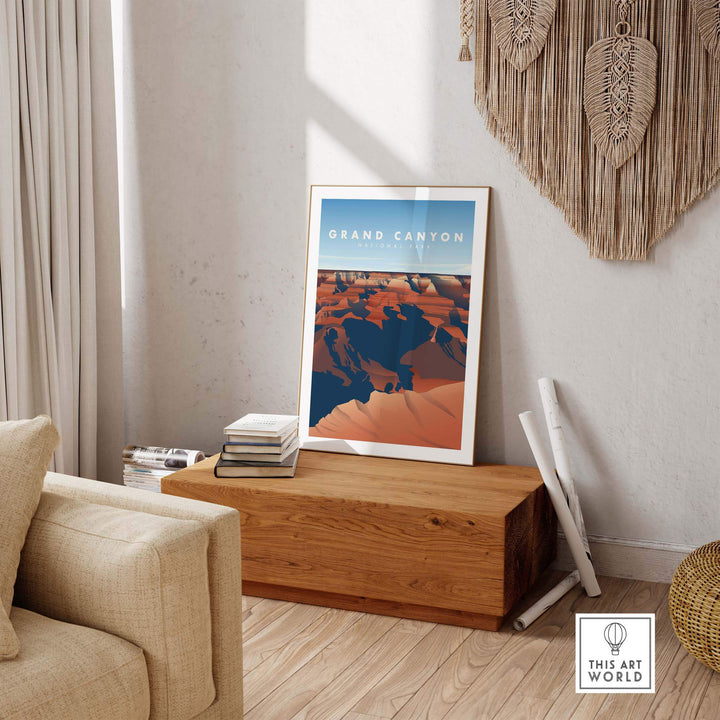 Grand Canyon National Park art print displayed in a stylish living room, showcasing vintage travel poster design.