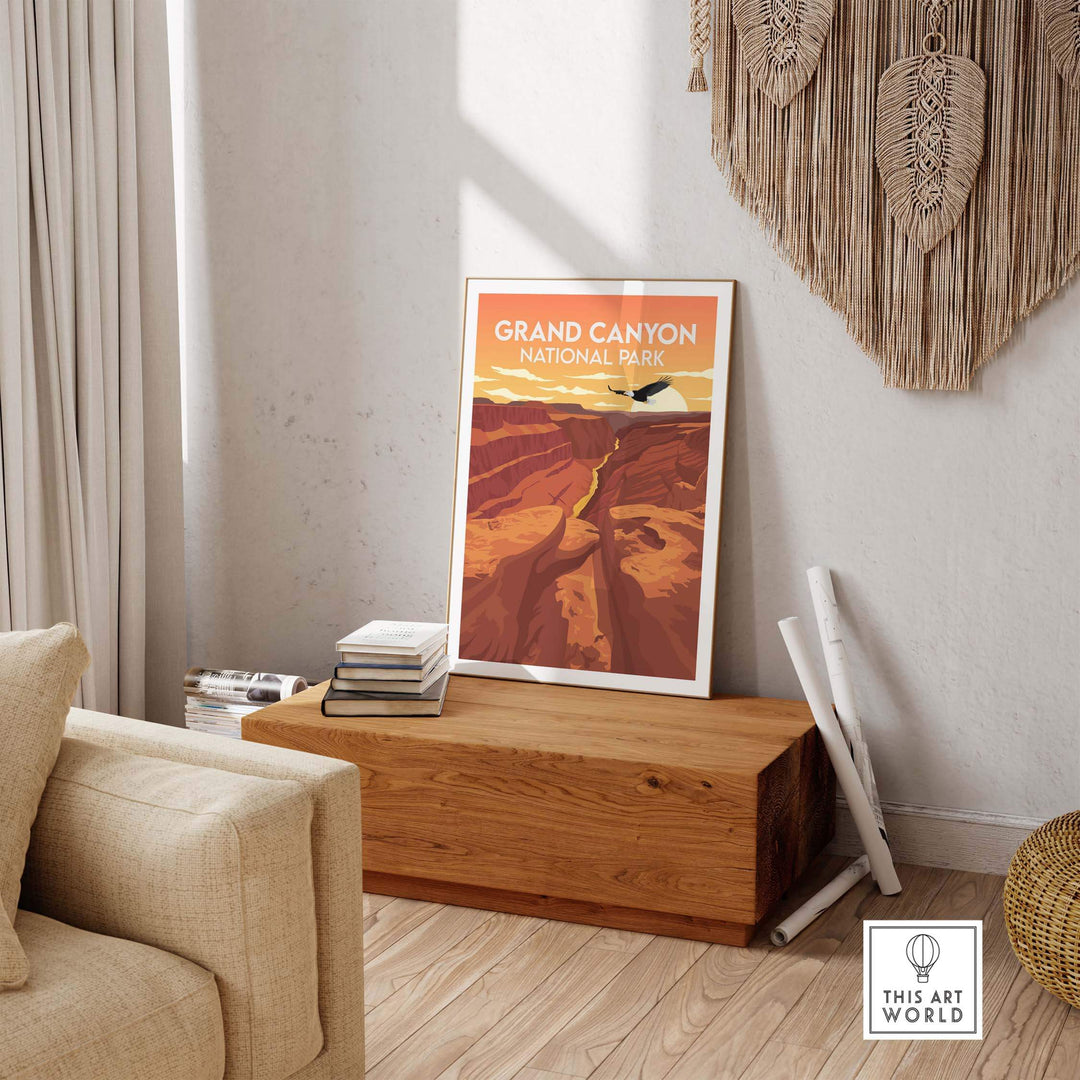 Grand Canyon National Park poster displayed in a stylish home setting, showcasing minimalist vintage design.